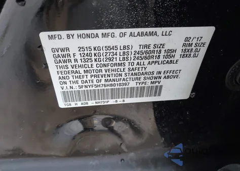 2017 Honda Pilot Ex-L from USA, damaged, VIN 5FNYF5H76HB010397